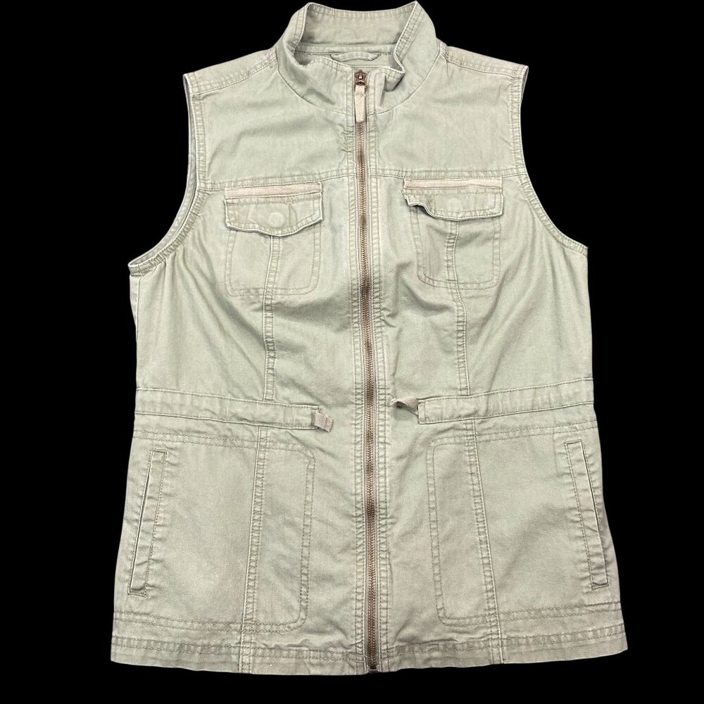 Merona Womens Utility Cargo Sleeveless Olive Vest Pockets & Front Zipper Size M
